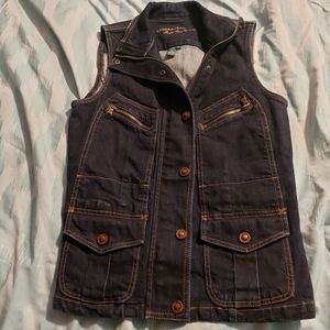 Sleeveless Dark Blue Denim Utility Vest Jacket